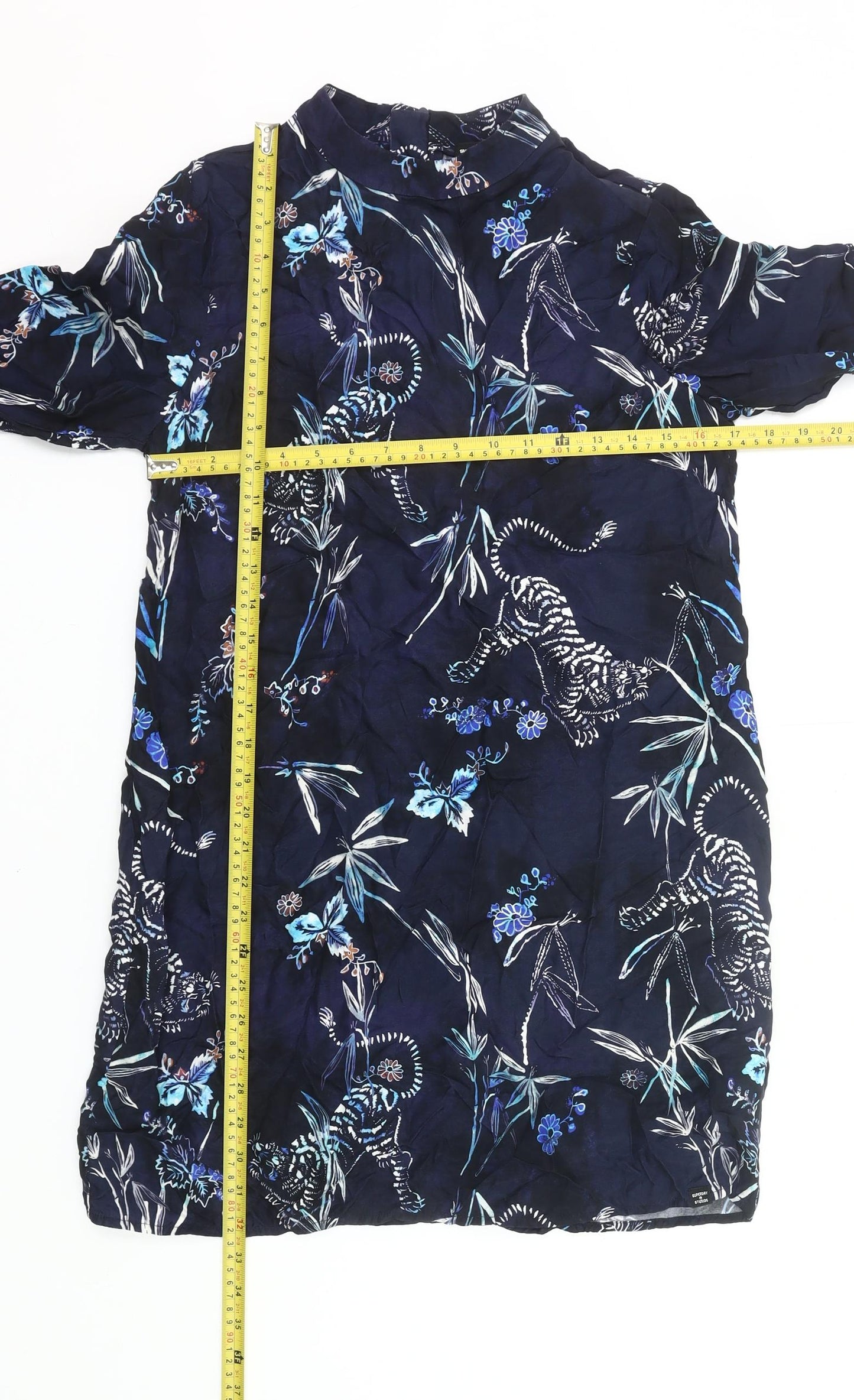 Superdry Womens Blue Tigers Print Shift Dress Size 12 Long Sleeve