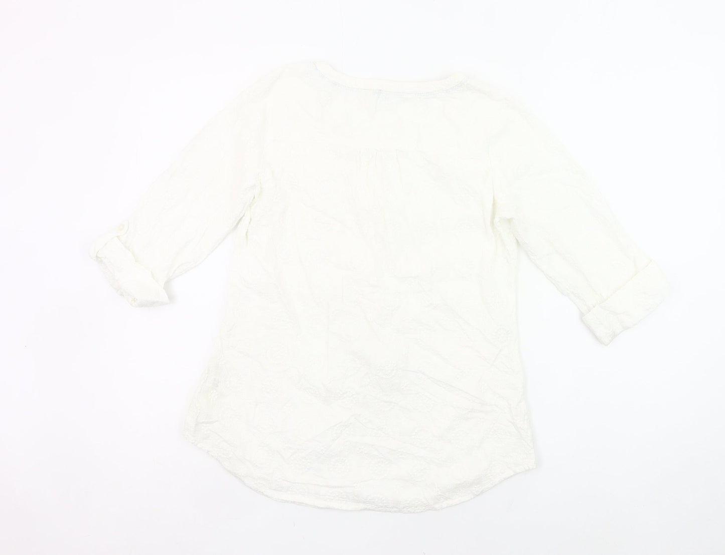 Fat Face Womens White Cotton Tunic Blouse Size S 3/4 Sleeve Scoop Neck