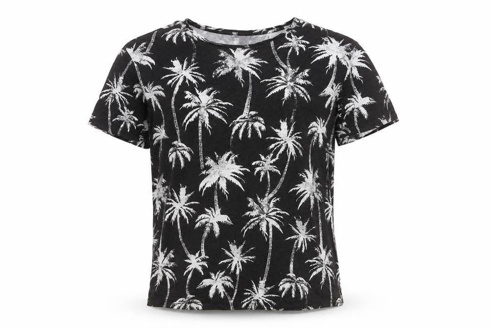 H&M Womens Black Palm Tree Print Cotton T-Shirt Size L Short Sleeve