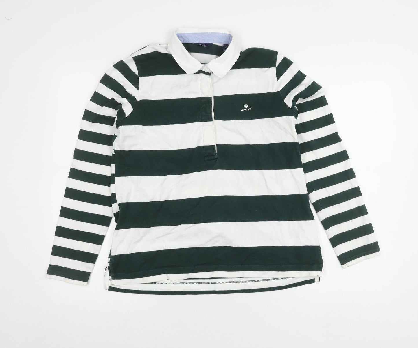 Gant Women’s Green White Striped Long Sleeve Polo Shirt Size M