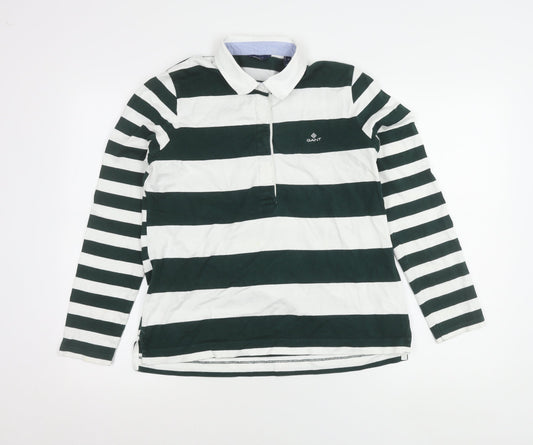 Gant Women’s Green White Striped Long Sleeve Polo Shirt Size M