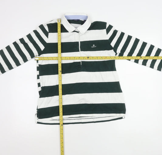 Gant Women’s Green White Striped Long Sleeve Polo Shirt Size M