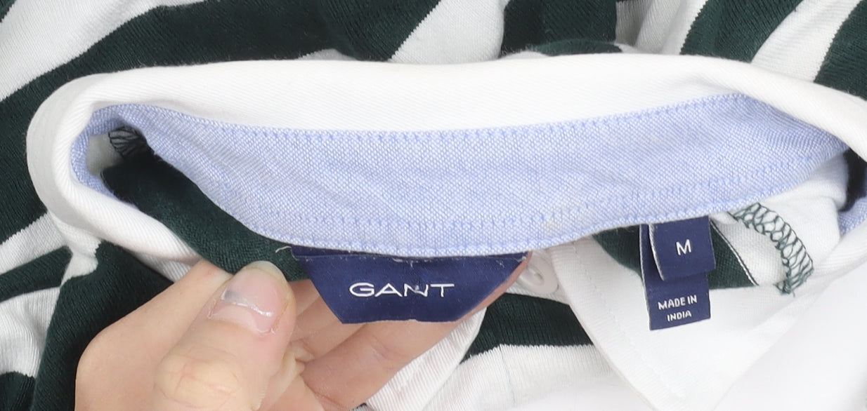 Gant Women’s Green White Striped Long Sleeve Polo Shirt Size M