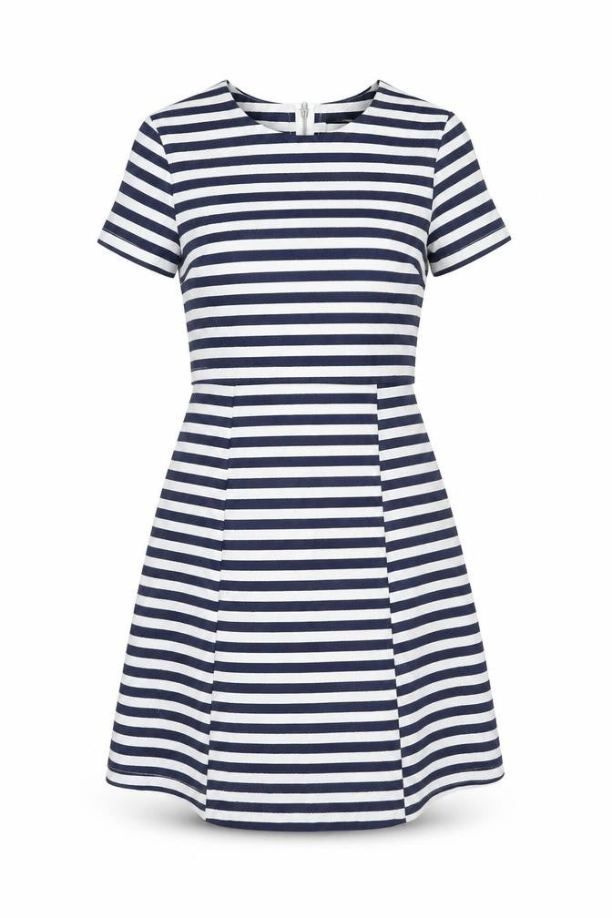 Front view of Fashion Union Women’s Blue White Stripe A-Line Short Dress, size UK 8
