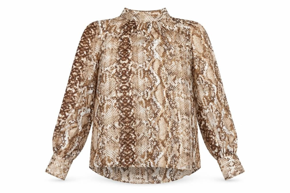H&M Women’s Brown Snake Print Blouse UK 8 High Neck Long Sleeve