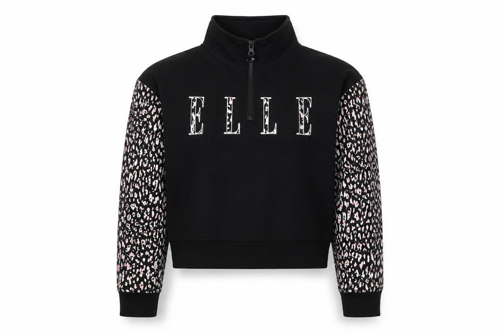 Front view of ELLE Junior girls’ black animal print zip sweatshirt 9 years
