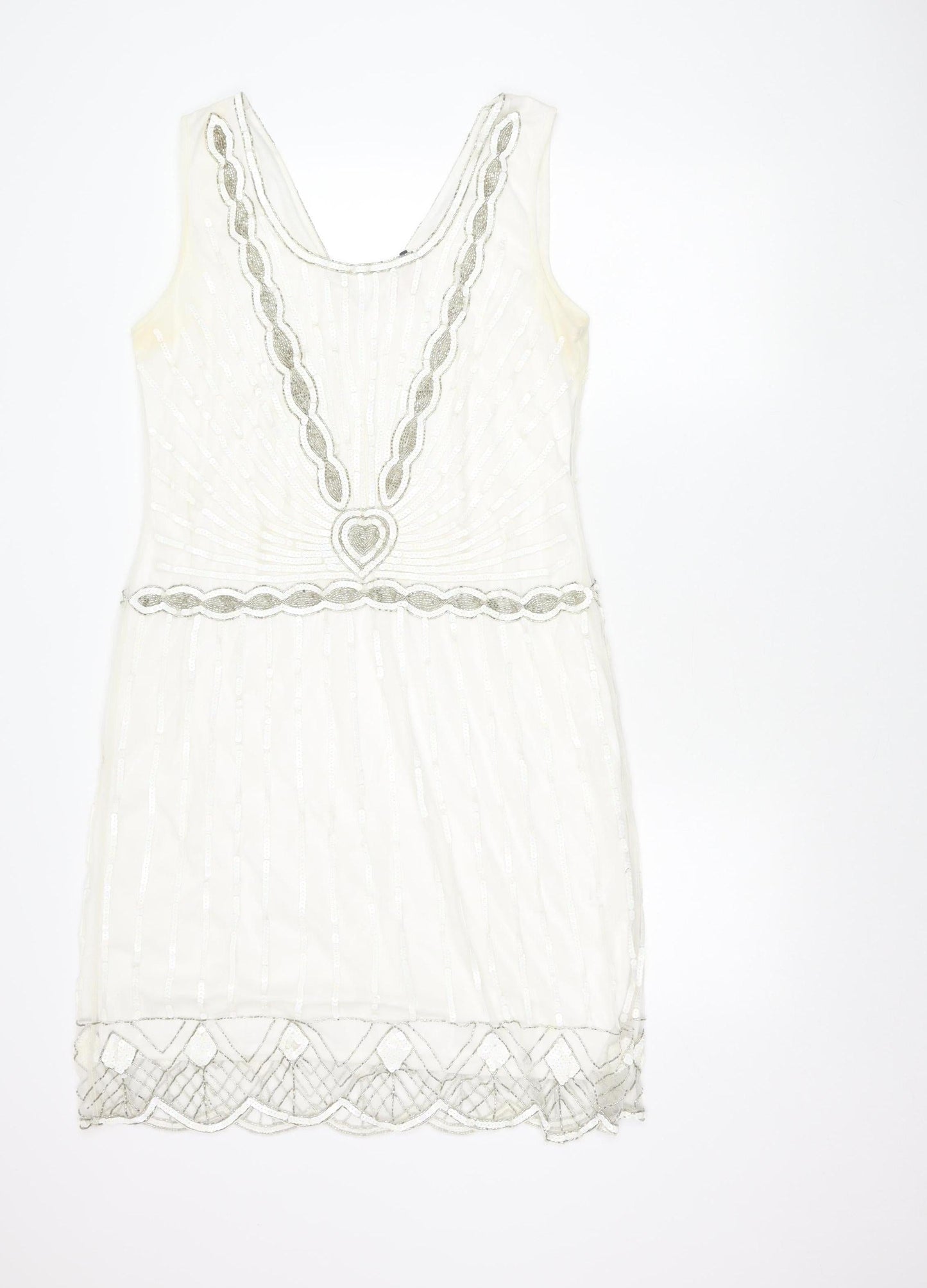 Gatsbylady London Women White Sequin Beaded 20s Sheath Dress Size 16