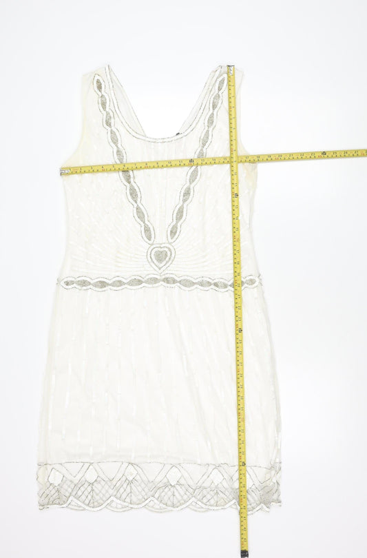 Gatsbylady London Women White Sequin Beaded 20s Sheath Dress Size 16