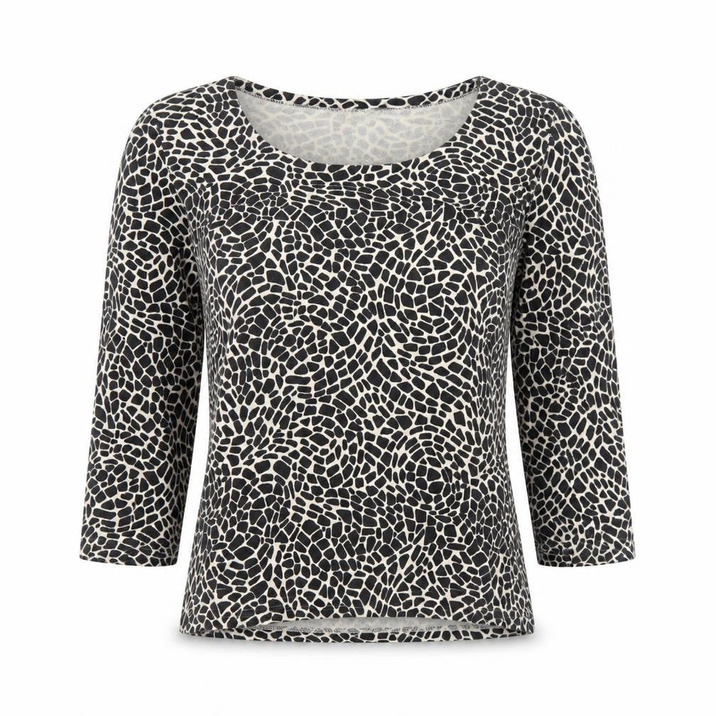 Minuet Women's Black Animal Print Jersey Top Size 8 3/4 Sleeve Scoop Neck