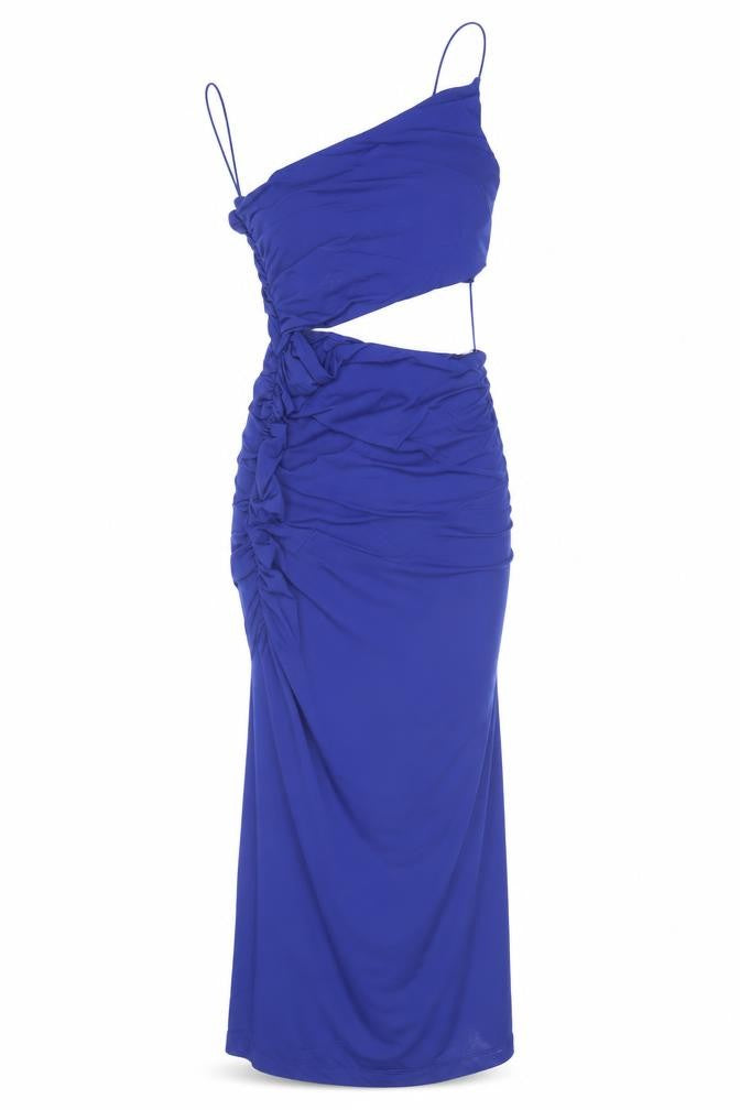 Zara Women’s Blue Long Slip Dress Size 14 V-Neck Ruched Sleeveless