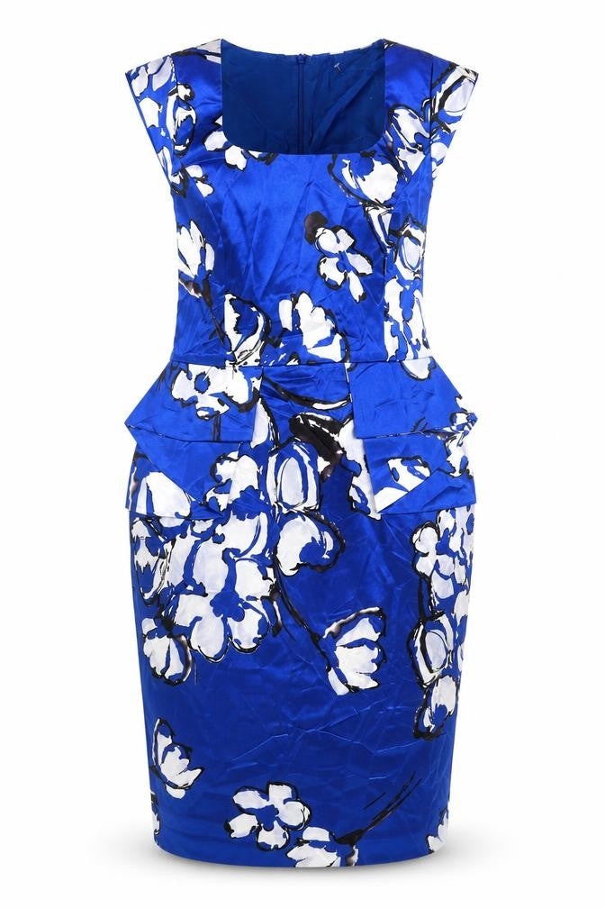 Front view of Roman Women’s Blue Floral Sheath Dress, size UK 12, Knee Length