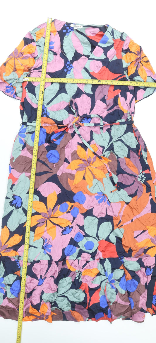 Jaeger Women’s Multicoloured Floral Wrap Midi Dress Size 16