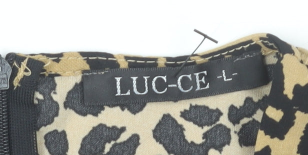 LUC-CE Womens Leopard Print Brown Playsuit Size L V-Neck Ruffle