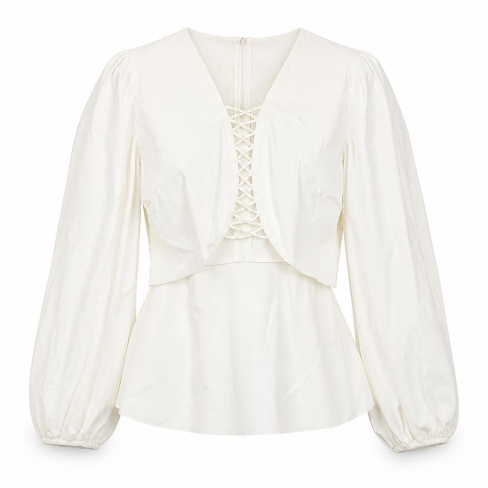 C/MEO Collective Women White Size 10 Puff Sleeve V-Neck Blouse
