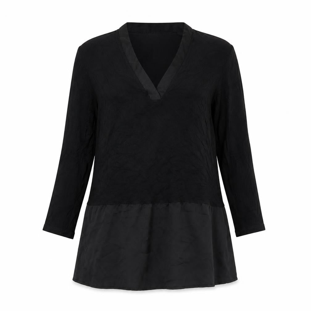 Mango Women Black Tunic Blouse V-Neck Size 8 3/4 Sleeve