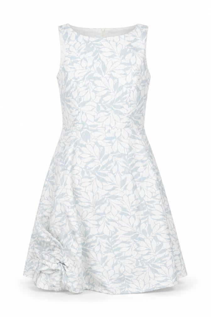 Front view of Papaya Women’s White Blue Floral Linen Blend A-Line Dress UK 10