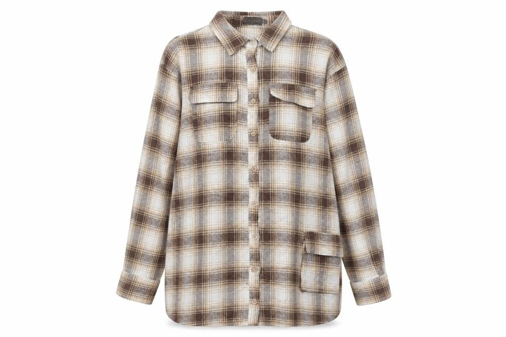 PrettyLittleThing Women Brown Plaid Flannel Button-Up Shirt UK 12