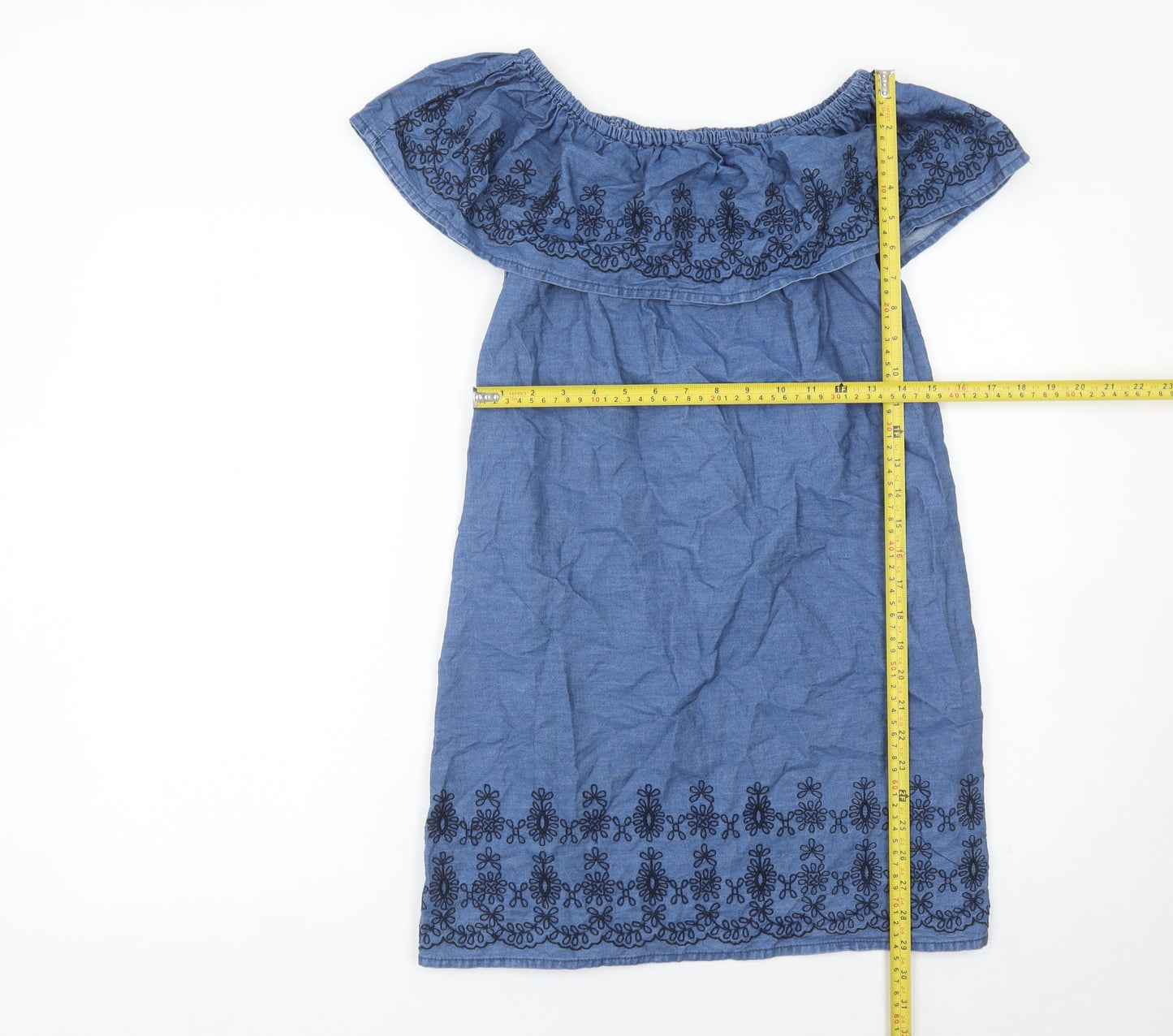 Denim Co Women Blue Cotton Embroidered Off Shoulder Shift Dress Size 10