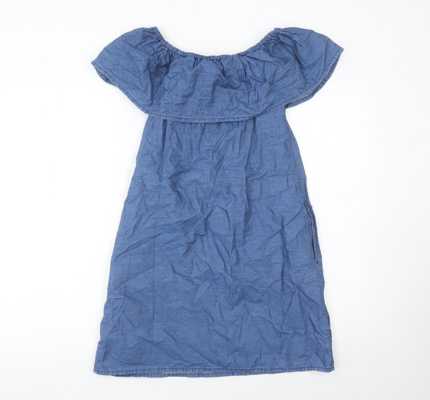 Denim Co Women Blue Cotton Embroidered Off Shoulder Shift Dress Size 10