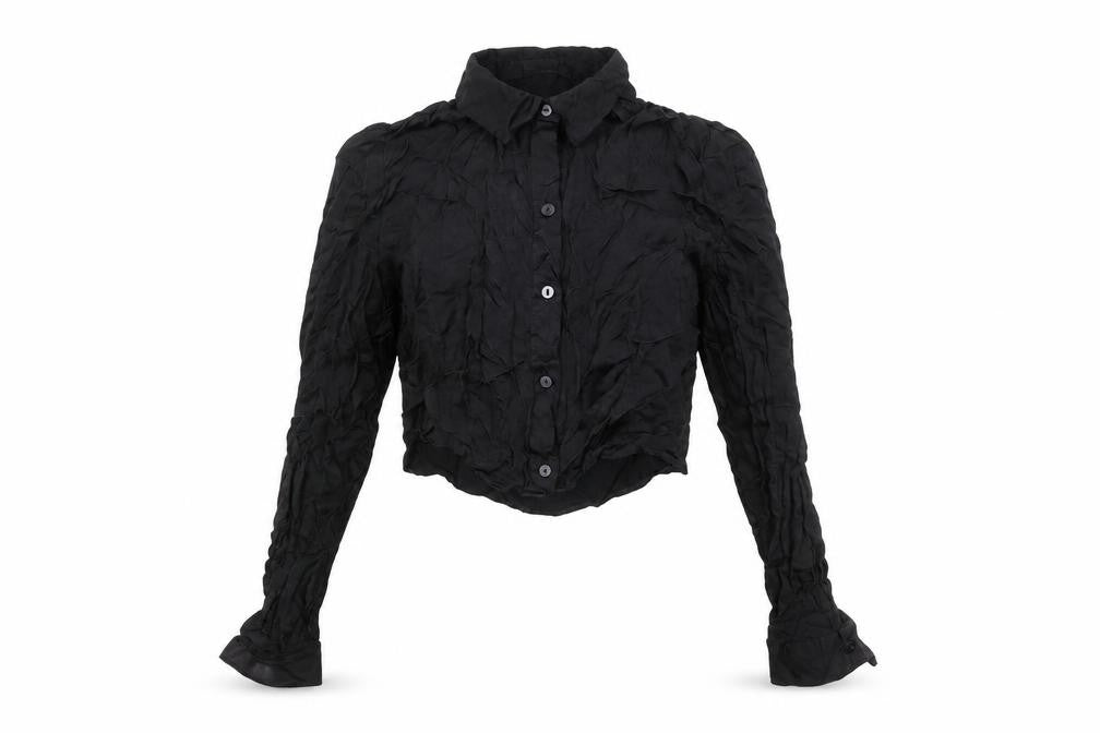 Bershka Womens Black Cropped Collared Button-Up Shirt L Long Sleeve