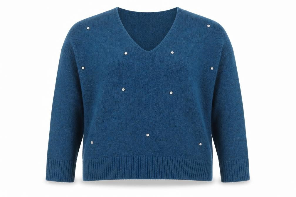 Marks and Spencer Womens Blue Beaded V-Neck Pullover Jumper Size 10
