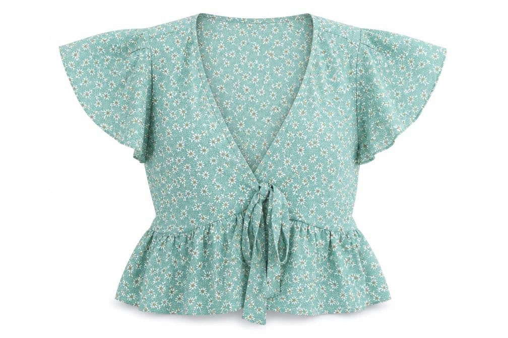 Zaful Women’s Green Floral Wrap Blouse Size 8 Tie Waist Summer Top