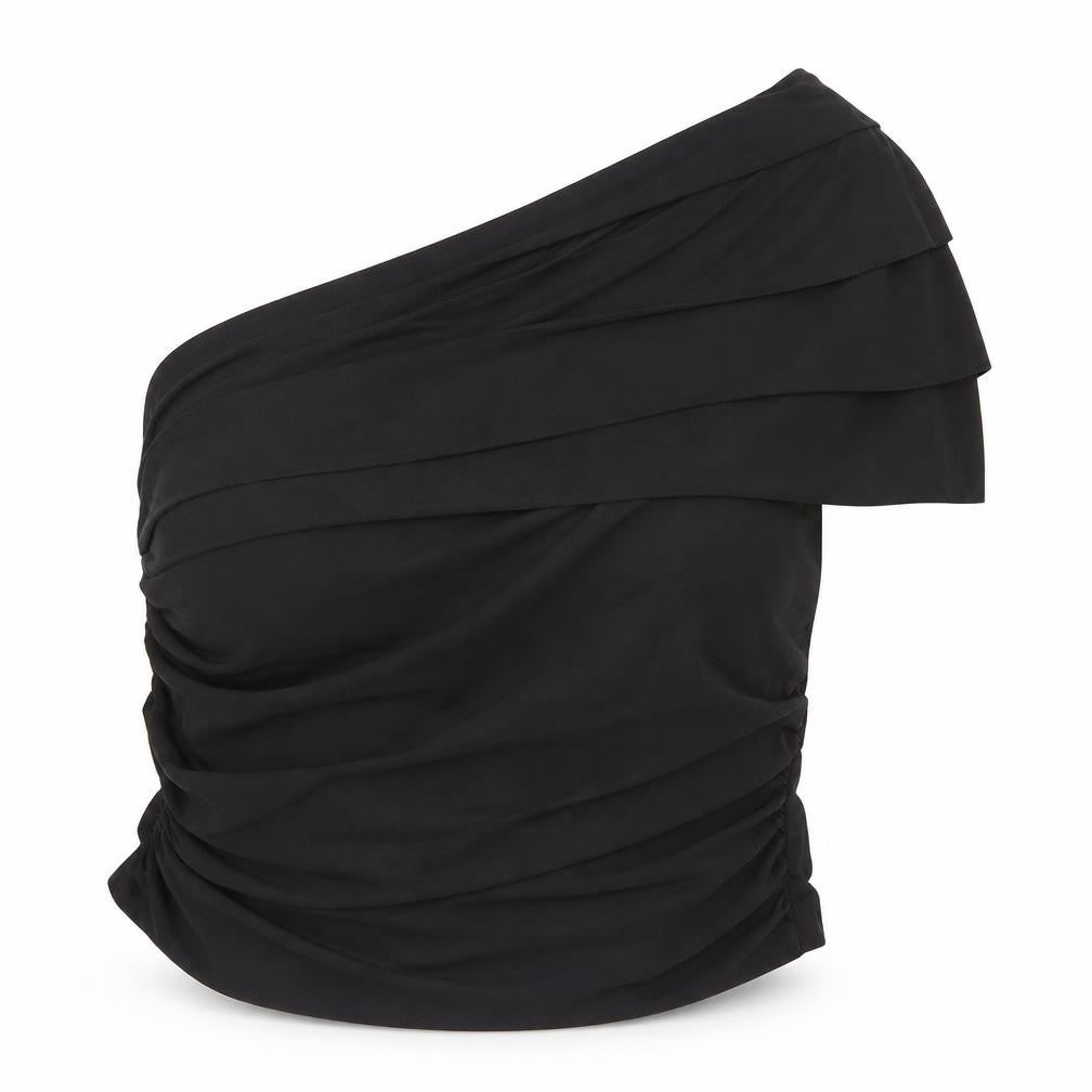 Zara Women Black One Shoulder Ruffle Blouse Size 8 Slim Fit