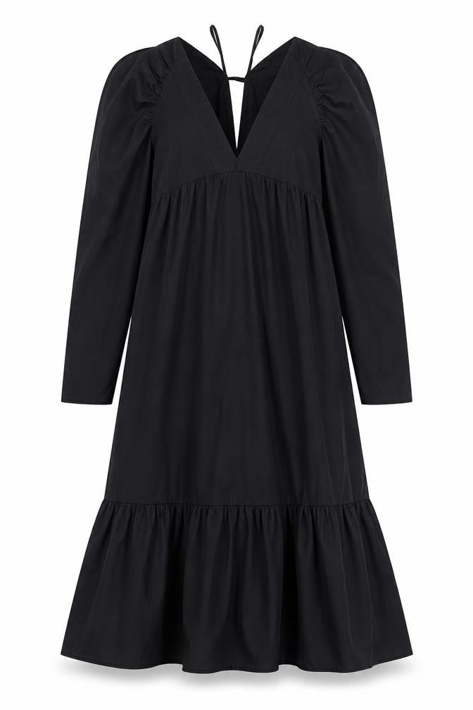 Front view of ASOS Women’s Black Midi A-Line Dress, size UK 8, Long Sleeve V-Neck