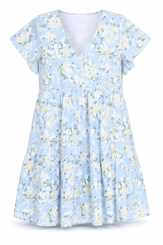 Front view of In The Style Women’s Blue Floral Skater Dress, size UK 12, V-Neck