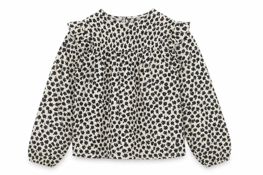 Front view of Mango girls’ black white floral ruffle long sleeve blouse 11-12y