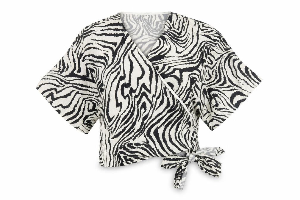 Topshop Women’s Black Animal Print Wrap Cotton Kimono Sleeve Blouse UK 10