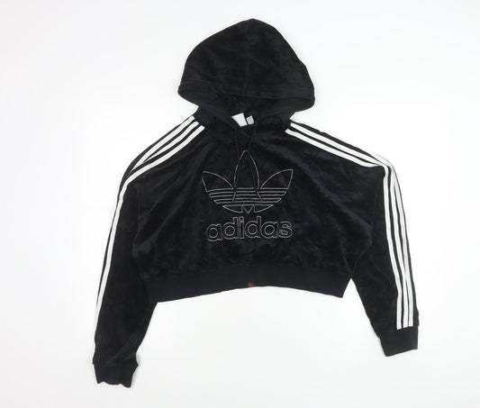 Adidas Women Black Size 12 Velour Hoodie Pullover Logo Sportswear