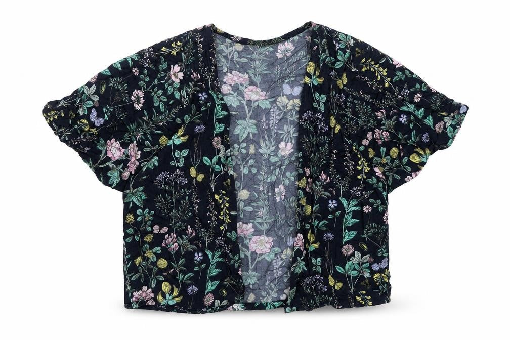 Front view of H&M girls’ multicoloured floral kimono blouse 9-10 years viscose summer