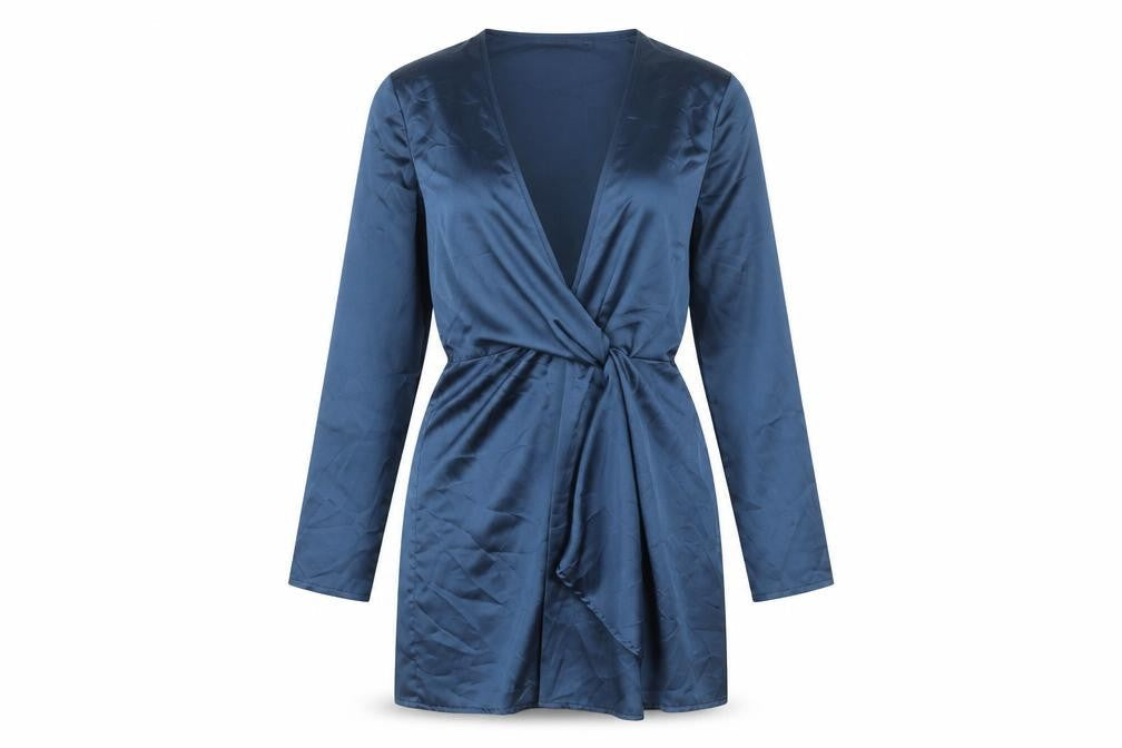 Front view of Missguided Women’s Blue Wrap Dress UK 10 Short Long Sleeve V-Neck