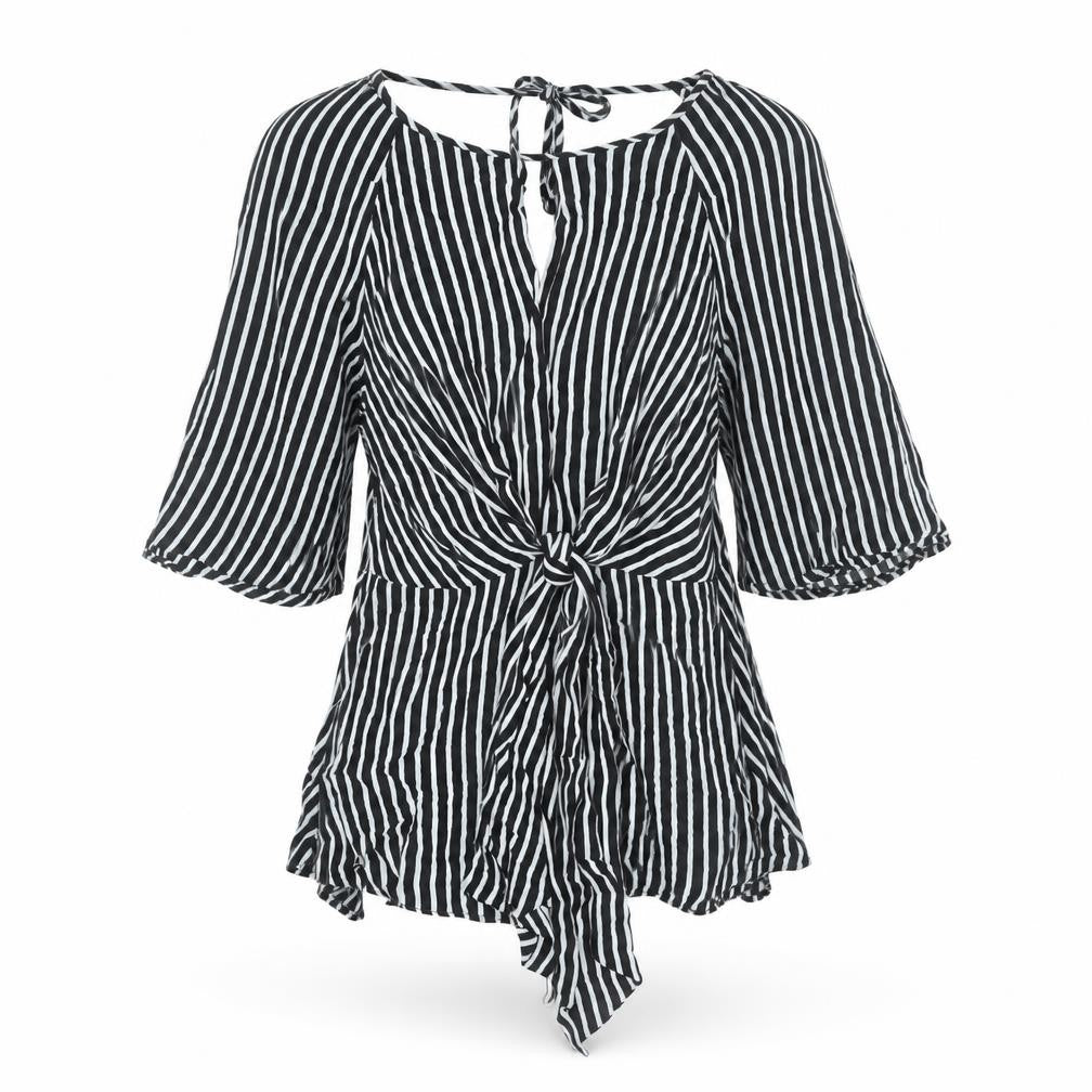 River Island Women Black Striped Tunic Blouse Size 8 Cold Shoulder