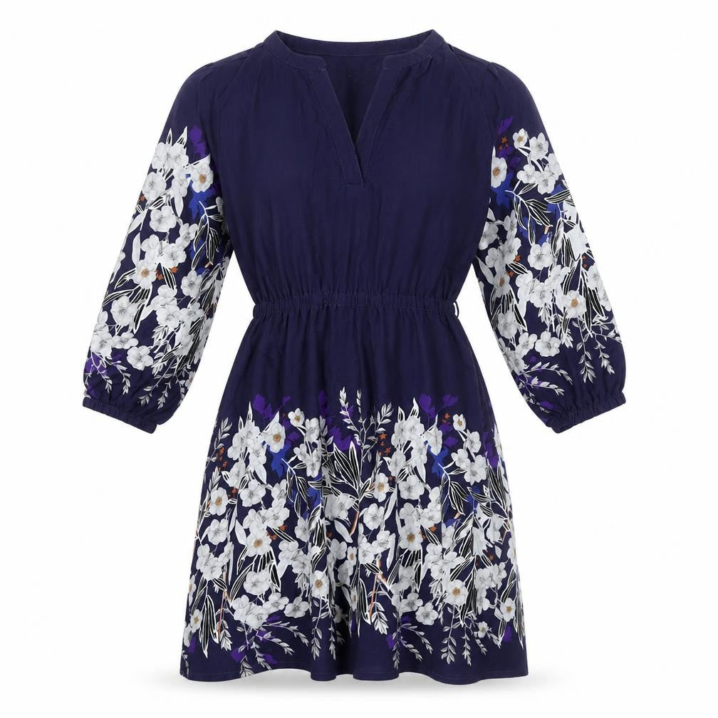 Yumi Petite Womens Blue Floral Shift Dress Size 8 V-Neck 3/4 Sleeve