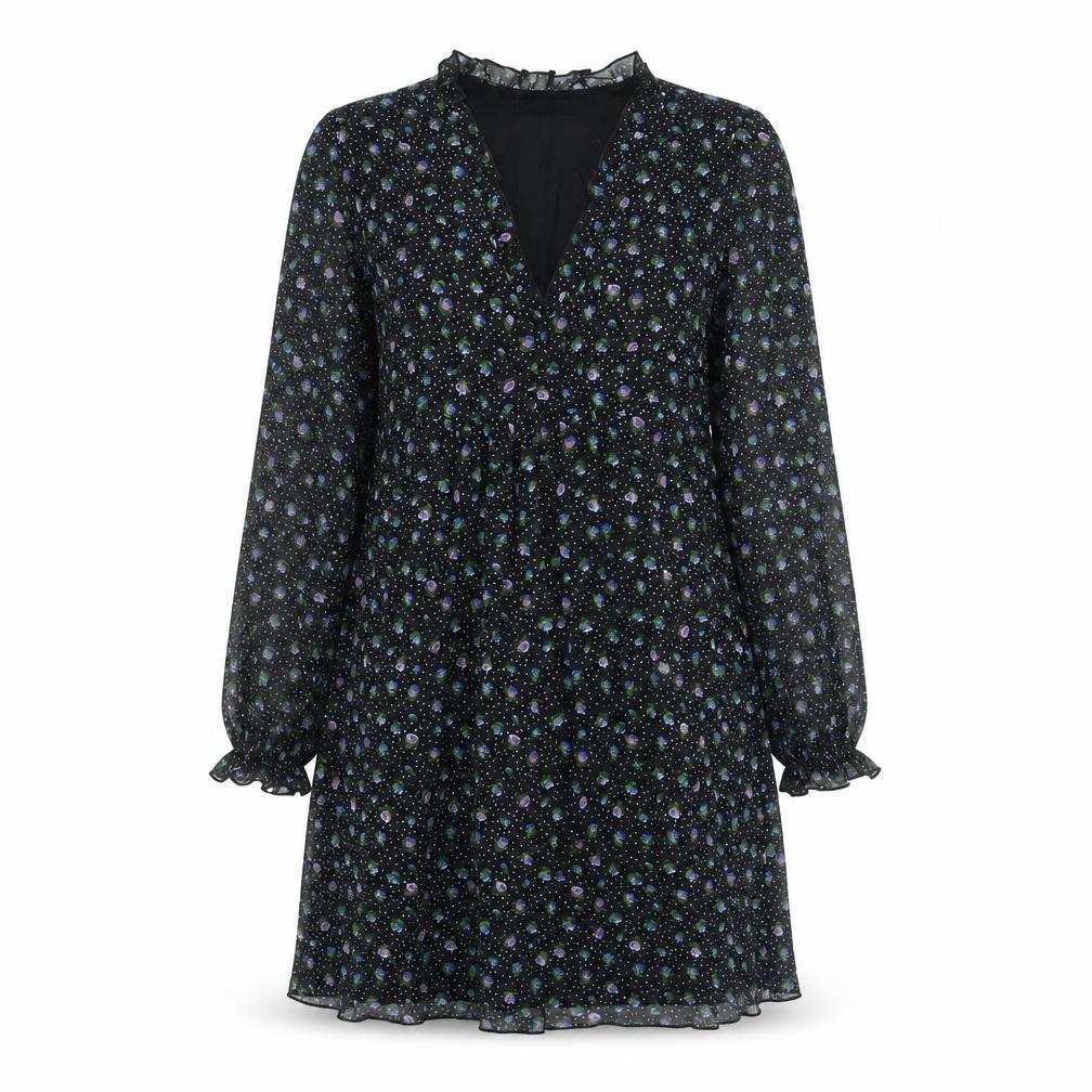 Zara Womens Black XS Floral A-Line Knee Length V-Neck Dress
