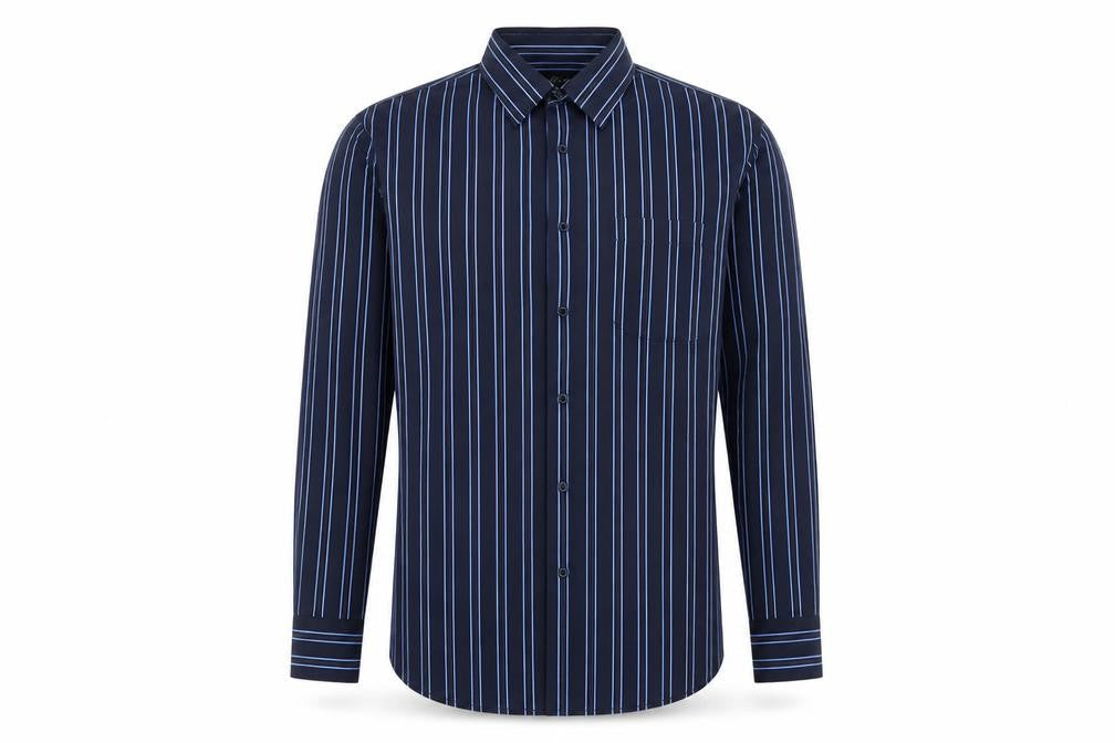 Front view of Taylor & Wright Men’s Blue Striped Button-Up Shirt, size M, 38-40in
