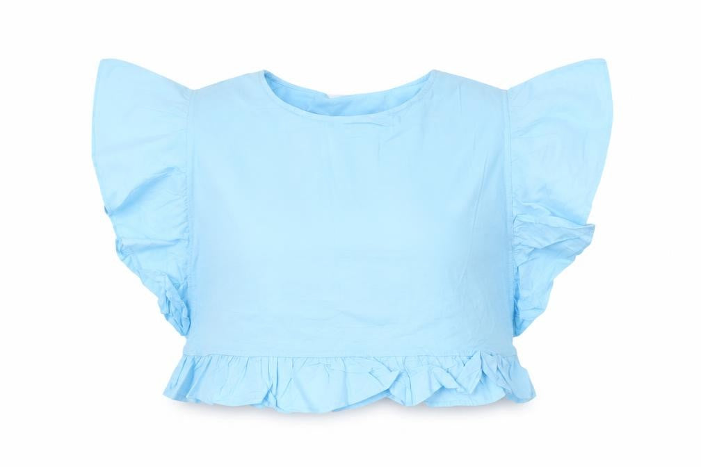 Front view of Zara girls’ blue ruffle cropped blouse top 13-14 years cotton summer