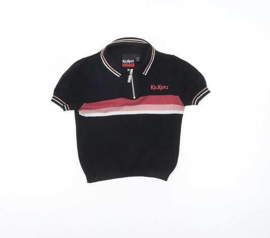 Kickers Womens XS Black Polo Shirt Zip Collar Striped Casual Top