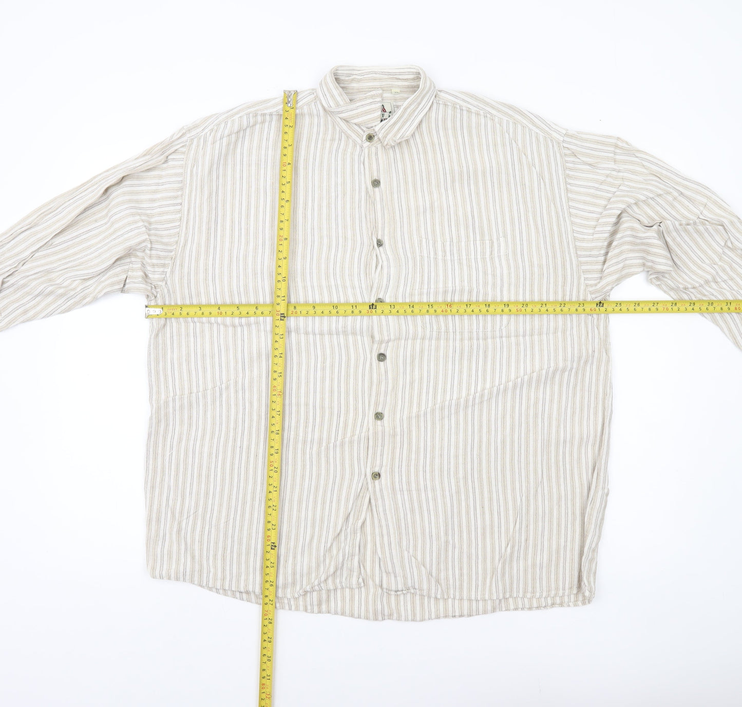 Natif Men’s Beige Striped Linen Cotton XL Casual Button-Up Shirt