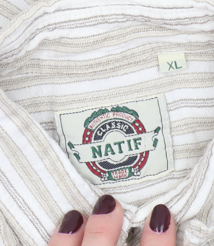 Natif Men’s Beige Striped Linen Cotton XL Casual Button-Up Shirt