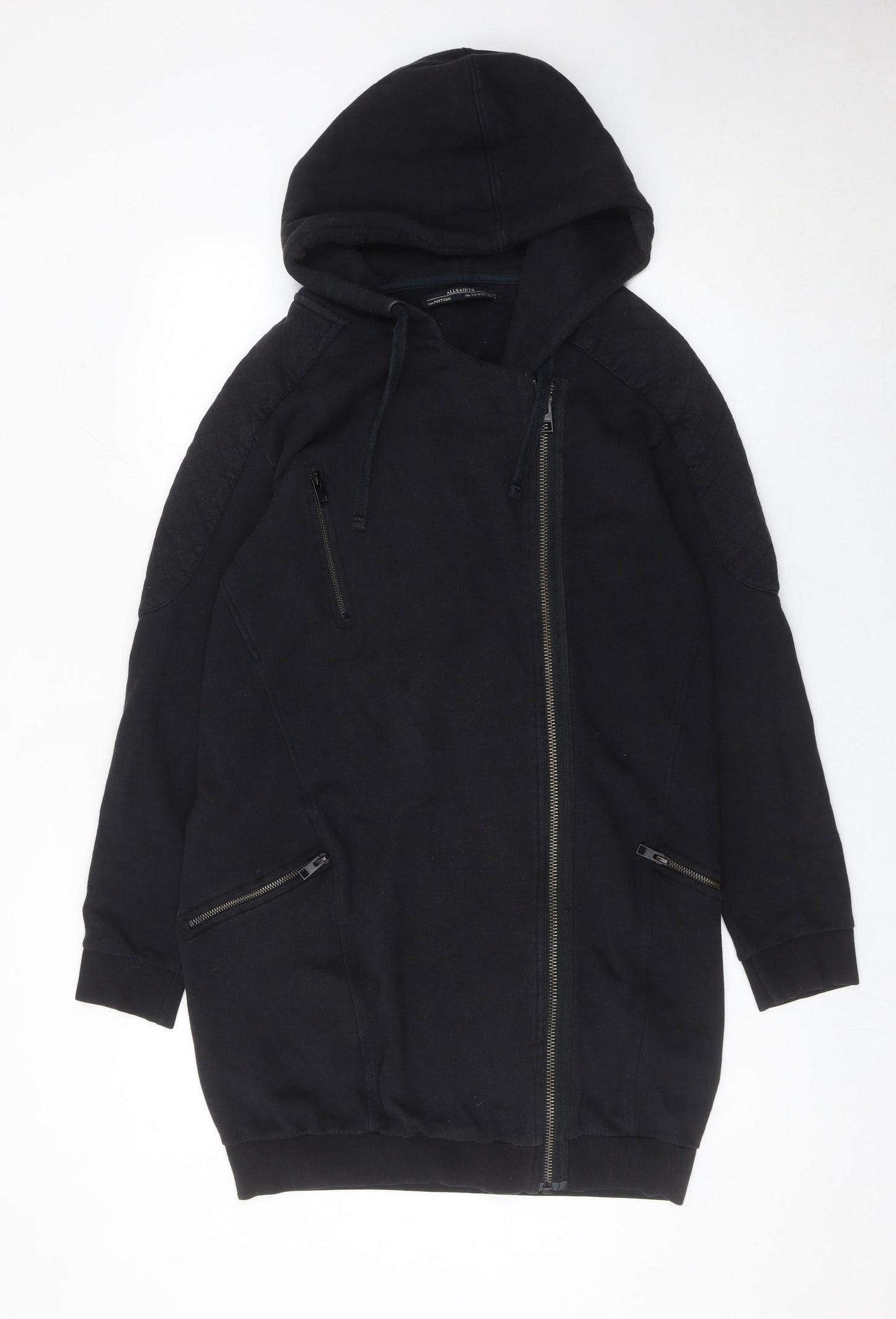 AllSaints Womens Black Full Zip Hoodie UK 10 Cotton Modal Quilted Detail