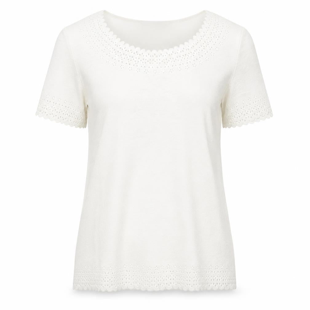 Anna Rose Women’s Ivory Crochet Trim Short Sleeve T-Shirt S
