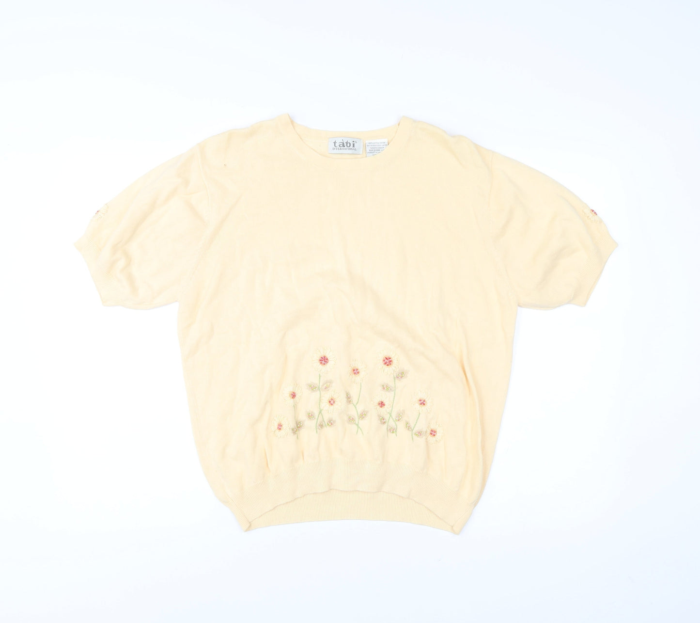 Tabi International Womens Beige L Embroidered Floral Cotton Knit T-Shirt