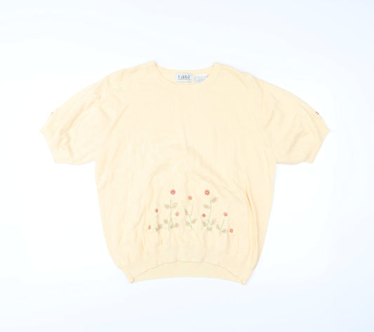 Tabi International Womens Beige L Embroidered Floral Cotton Knit T-Shirt