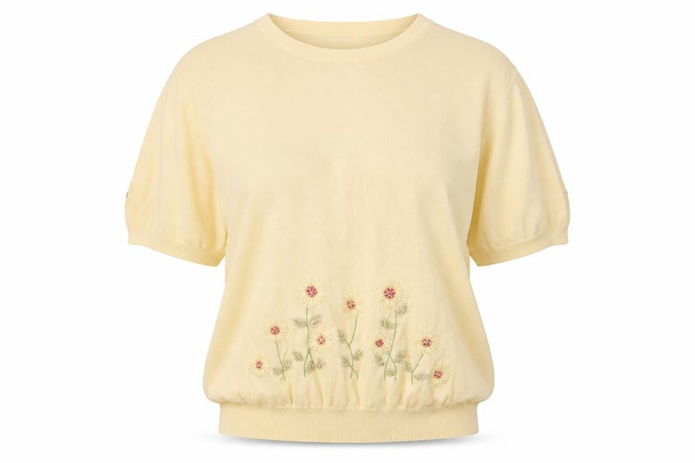 Tabi International Womens Beige L Embroidered Floral Cotton Knit T-Shirt