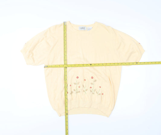 Tabi International Womens Beige L Embroidered Floral Cotton Knit T-Shirt