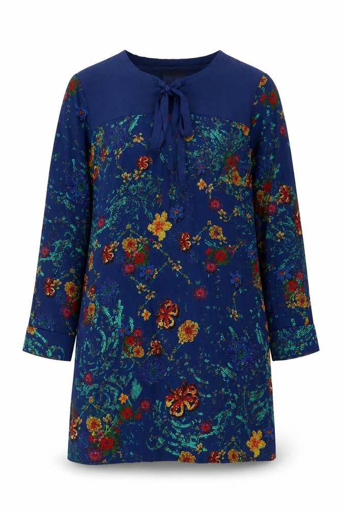 Lavand Womens Blue Floral Shift Dress XL Long Sleeve Boho Casual
