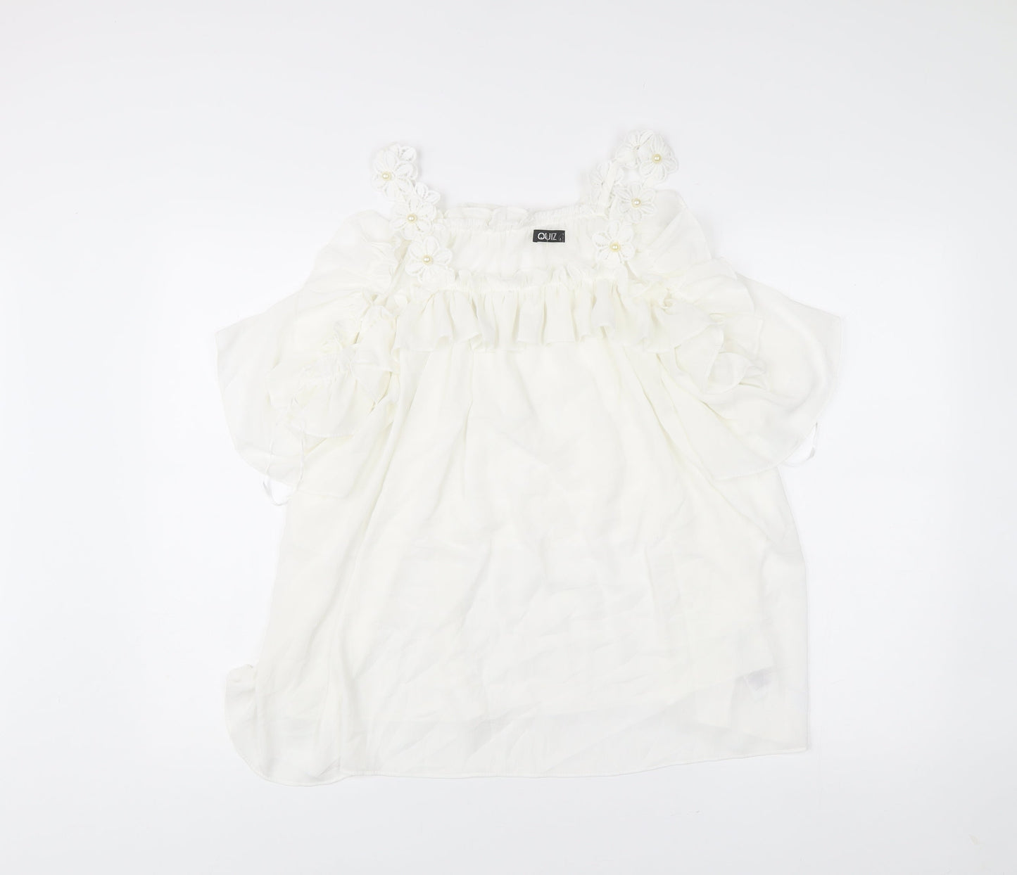 Quiz Women’s White Chiffon Tunic Blouse Size M Party Ruffle Strappy
